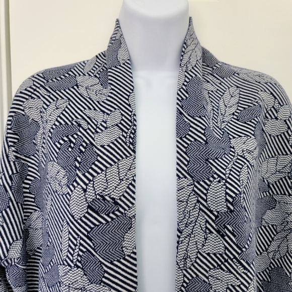 Lands' End Jacquard Open-Front Long Cardigan Sweater Deep Sea Navy Chevron Sz L - Picture 2 of 10